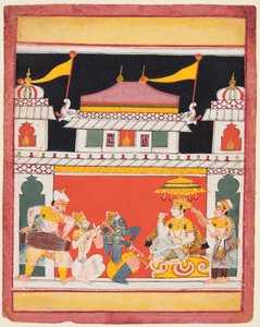 Shri Raga, uit een Ragamala-serie, Drie muzikanten spelen voor een edelman, c. 1650 door Unbekannt