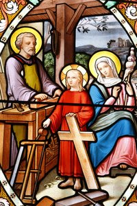 Heiligdom van Onze-Lieve-Vrouw van La Salette Glas-in-loodraam Jezus in de werkplaats van zijn vader, La Salette, Frankrijk door Unbekannt