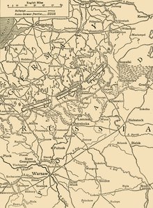 Schetskaart om de Duitse aanval ten noorden van Warschau in februari 1915 te illustreren, ca. 1920