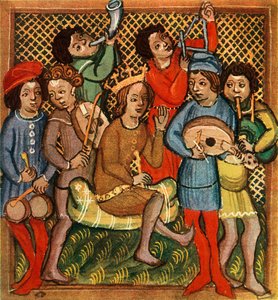 Kleine trommels, viool, hoorn, triangel, luit en doedelzak, Olomouc Bijbel, 1417, 1948