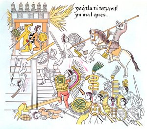 Spaanse conquistadores met hun inheemse Tlazcalan-bondgenoten die een Azteekse tempel aanvallen, 16e eeuw door Unbekannt