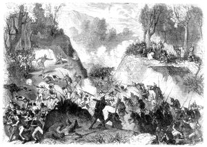 Spaanse troepen vechten tegen de mensen van Santo Domingo, in de pas van Monte Christi, 1864