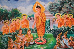 Verspreiding van de Dharma. Leven van Boeddha. Plafondkunstwerk dat het leven van Boeddha afbeeldt. Wat Inpeng. Vientiane. Laos, 20151029, Vientiane, Laos