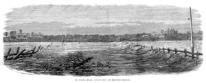 St Kilda Road, zuidkant van Princes Bridge - Overstromingen in Melbourne, Australië, 1864