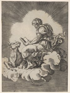 Sint Lucas, zittend op een wolk met een open boek in beide handen, een stier liggend aan zijn voeten, na 1518 door Unbekannt