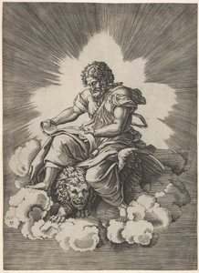 St. Marcus, zittend met een uitgerolde rol in zijn handen, een gevleugelde leeuwenkop en voorpoten, na 1518