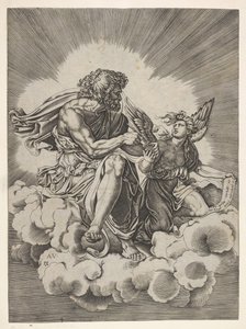 Sint Mattheüs, zittend op een wolk met gekruiste benen en een pen in een inktpot doopend