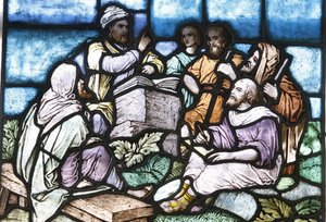 Glas-in-lood: Abraham die de Tora bestudeert met het volk van Israël, Boedapest, Hongarije