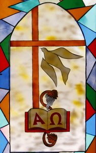 Glas-in-lood: christelijke symbolen, Togoville, Togo door Unbekannt