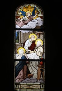 Glas-in-lood in de Notre Dame du Rosaire katholieke kerk: Sint Jozef, patroonheilige van de dood, Saint-Ouen, Frankrijk door Unbekannt