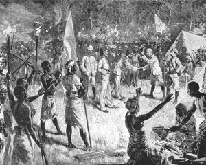 Stanleys ontmoeting met Emin Pasha, 29 april 1888, bij Kavalli