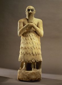 Beeldje van de ambtenaar of rentmeester Ebih-Il die de godin Ishtar aanbidt, uit Mari, Midden-Eufraat, ca. 2500 v.Chr. (gips en lapis lazuli) door Unbekannt