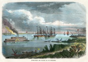 Stoomschip en sleepboot op de Mississippi, VS, ca. 1875 door Unbekannt