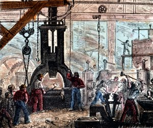 Stoomhamer in gebruik in een ijzerfabriek, Frankrijk, 1867