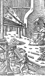 Staalproductie: een smederij met blaasbalgen om trek te produceren, 1556