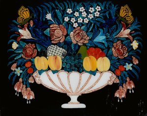 Stilleven - Bloemen en fruit in witte en roze kom