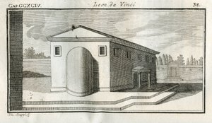 Studies over de sovrapposizione di edifici. “Wanneer de lichamen met een convexe oppervlakte eindigen boven andere lichamen van dezelfde kleur, zal het einde van de convexiteit donkerder lijken.” Gravure uit “Verhandeling over de schilderkunst” door Leonar