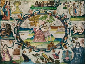 Stump Work Picture, Jacobijnse periode, ca. 1615 door Unbekannt