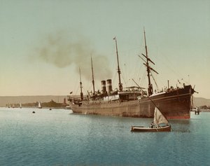 Suezkanaal, schip dat de Rode Zee binnenvaart nabij Port Tewfic, ca. 1900