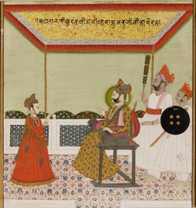 Surat Singh zit op een leeuwenarmige troon en ontvangt zijn jonge zoon, ca. 1800 door Unbekannt