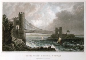 Hangbrug over de Conwy-estuarium, Wales, ca. 1840 door Unbekannt