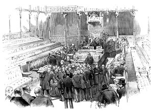 Beëdiging van leden in het Lagerhuis, Westminster, Londen, ca. 1905