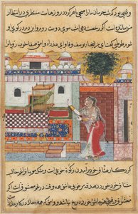 Verhalen van een papegaai Tuti-nama: De twaalfde nacht: de papegaai spreekt Khujasta toe, c. 1560 door Unbekannt