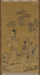 Wandtapijt: een Daoïstische vrouwelijke Onsterfelijke en bediende onder een den, Ming-dynastie, 1368-1644 door Unbekannt