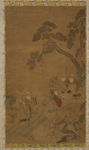 Wandtapijt: vijf wijzen in een tuin onder dennen, Ming-dynastie tot Qing-dynastie, 1368-1911 door Unbekannt