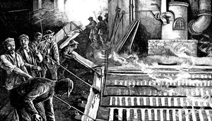Tappen van een hoogoven en gieten van ijzer in varkens