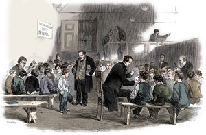 Jongens leren lezen in de Ragged School Union school, Lambeth, Londen, 1868