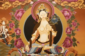 Thangka die de Witte Tara godin afbeeldt, Boeddhistisch symbool van een lang leven, Bhaktapur, Nepal