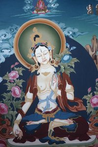 Thangka die de godin Witte Tara afbeeldt, boeddhistisch symbool van een lang leven