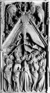 Het Altaarstuk van het Leven van de Maagd Detail. Laag reliëf door Jaume Cascalls (? -1378) 14e eeuw Kerk van Onze-Lieve-Vrouw van Corneilla de Conflent (Oostelijke Pyreneeën) door Unbekannt