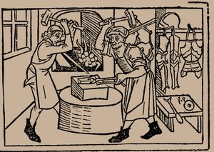 De kunst van het smeden. Uit Speculum Vitae Humanae door Rodericus Zamorensis, 1479 door Unbekannt