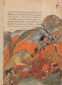De aanval op de kameel door de leeuw, kraai, wolf en jakhals, folio uit een Kalila, 18e eeuw