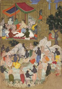 Het ontwaken van Kumbhakarna in de Gouden Stad Lanka, Folio uit een Ramayana, ca. 1605 door Unbekannt