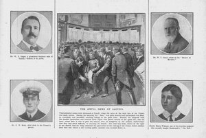 Het verschrikkelijke nieuws bij Lloyds, met portretten van enkele van de opvarenden van de Titanic, 20 april 1912