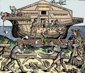De bouw van de ark onder toezicht van Noach