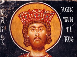 De Byzantijnse Fresco uit de 15e eeuw (Detail): De Keizer Constantijn Muurschildering Michael Aartsengel Kerk in Pedoulas Cyprus Geschilderde kerken UNESCO site Troodos, Cyprus