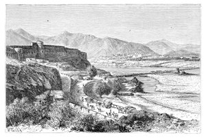 De citadel van Attock en een brug van boten over de Indus, Pakistan