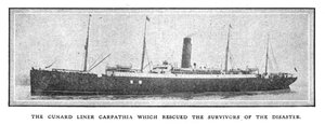 De Cunard-liner Carpathia die de overlevenden van de ramp redde, 20 april 1912