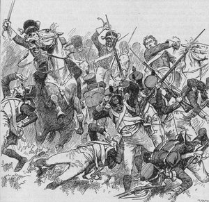 De Dragonders reden verder, slaand met hun lange, glinsterende zwaarden, 1902