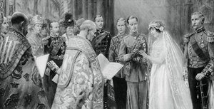 De hertog van York plaatst de ring aan de vinger van Lady Elizabeth Bowes-Lyon, 26 april 1923, 1937 door Unbekannt
