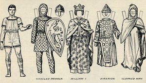 De galerij van Britse kostuums: De kleding die mensen droegen in de Normandische tijd, ca. 1934