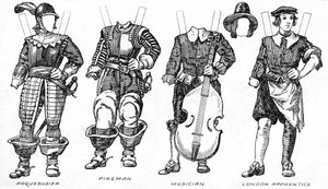 De galerij van historische kostuums: Enkele jurken van Cavaliers en Roundheads, c1934