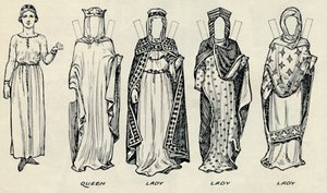 De Grote Galerij van Britse Kostuums: Diverse jurken gedragen in Normandische tijden, ca. 1934