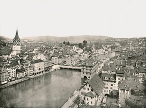 De Grosse Stadt en Kleine Stadt gescheiden door de rivier de Limmat, Zürich, Zwitserland, 1895