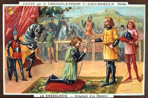 De ridders - Een ridder tot ridder slaan, Middeleeuwen. 19e eeuw. Kleur lithografie. Privécollectie
