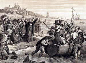 De pelgrimsvaders verlaten Delft Haven voor hun reis naar Amerika, juli 1620, 1878 door Unbekannt